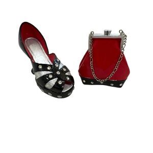 Vintage Nostalgia Shoe Purse‎ Miniature Set Black Red Rhinestones Decor Lot of 2
